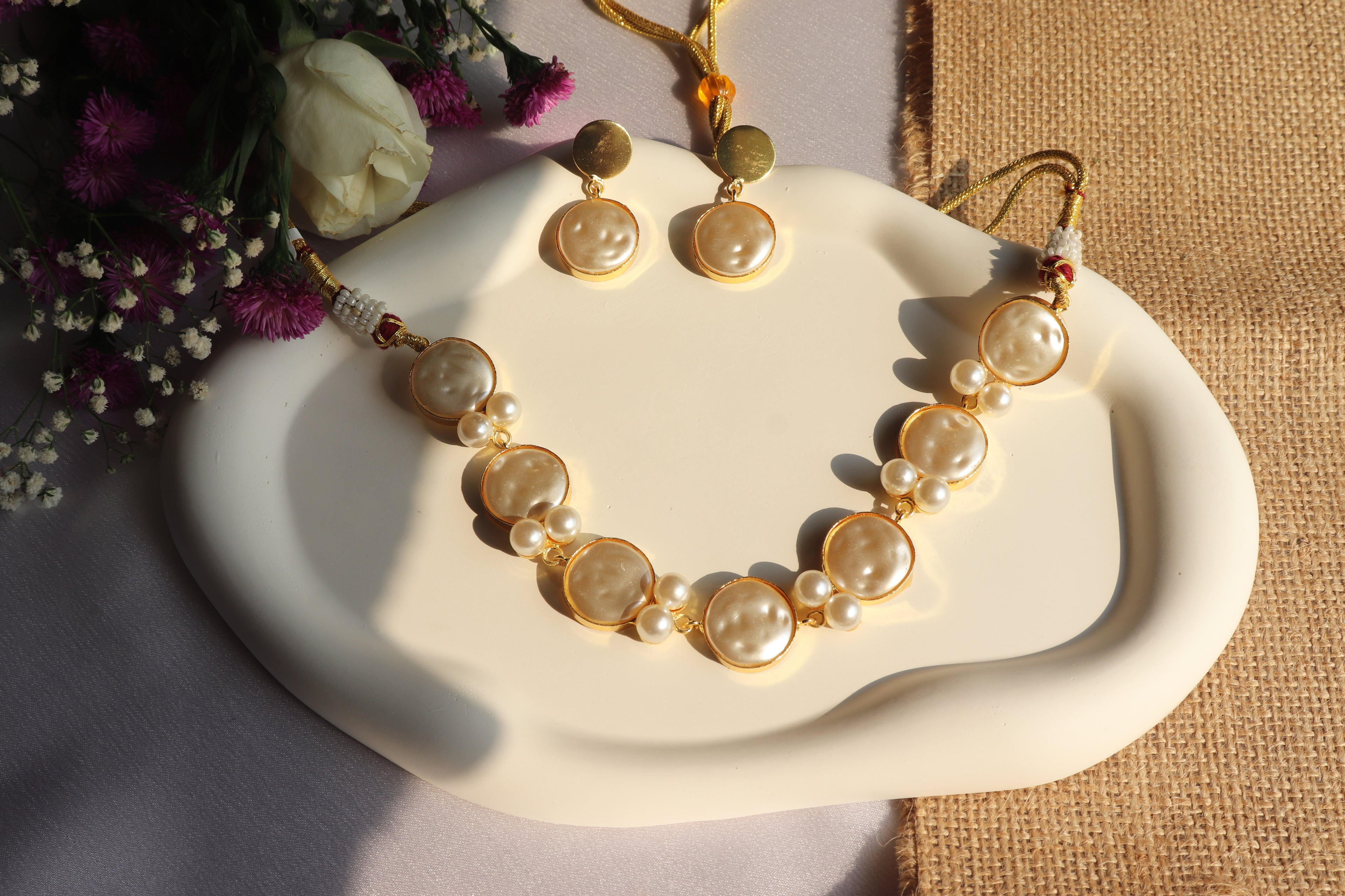 Pearl Gem Drop Necklace with Earrings